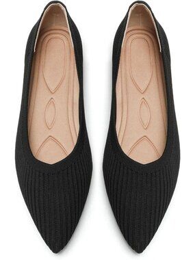 Women All Black Comfortable Pointed Toe Knit Foldable Slip On Ballet Flat Shoes